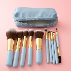 10pc Travel Makeup Brush Set w/ Case – Portable Cosmetic Brushes Kit, New